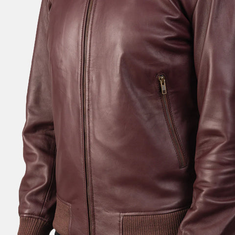 Shane — Maroon Genuine Leather Bomber Jacket, Quilted Lining