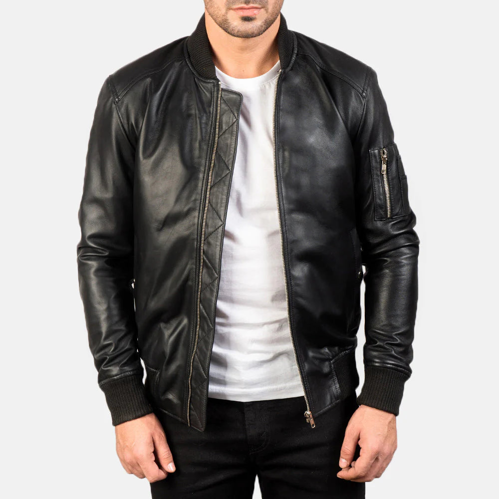 Bomia MA-1 Black Real Leather Bomber Jacket | Classic Men’s Premium Flight Jacket
