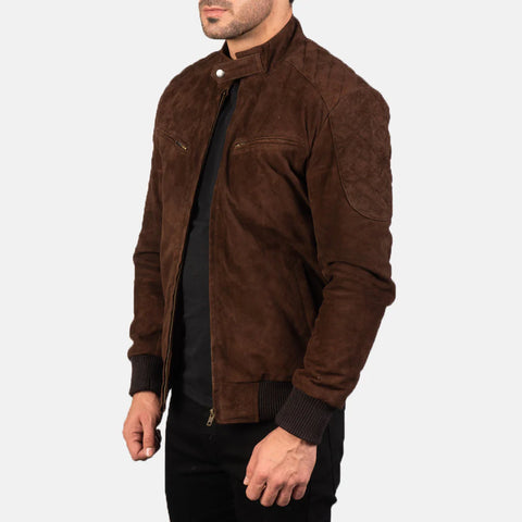 Sven — Mocha Suede Bomber Jacket, Premium Nubuck Suede, Quilted Lining, Ribbed Trims