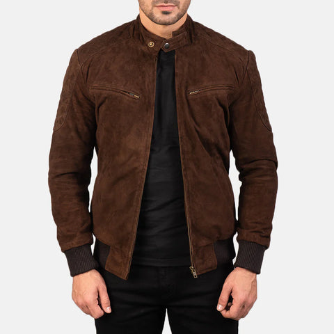 Sven — Mocha Suede Bomber Jacket, Premium Nubuck Suede, Quilted Lining, Ribbed Trims
