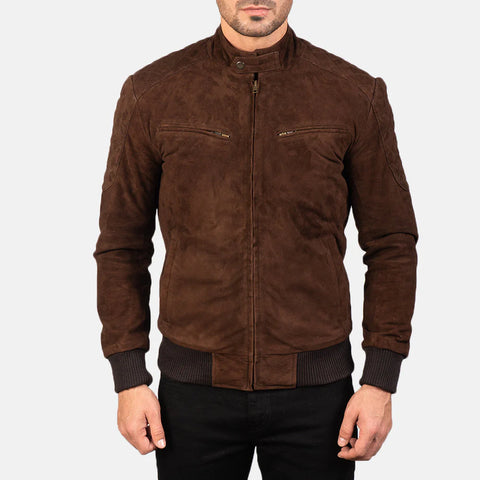 Sven — Mocha Suede Bomber Jacket, Premium Nubuck Suede, Quilted Lining, Ribbed Trims