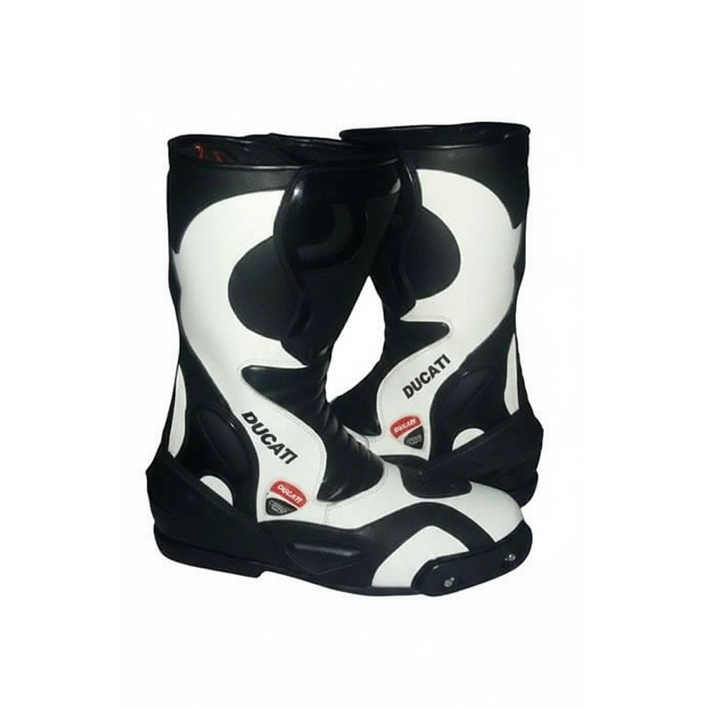 Ducati Motorbike Racing Boots - Black/White Professional Leather Gear