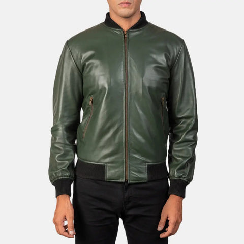 Shane — Green Genuine Leather Bomber Jacket, Quilted Lining, Vintage Pilot Style