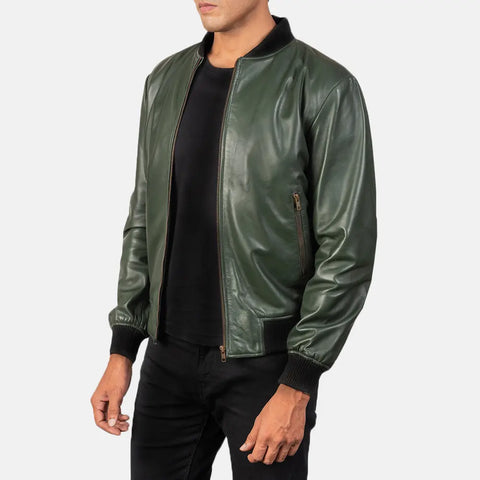 Shane — Green Genuine Leather Bomber Jacket, Quilted Lining, Vintage Pilot Style