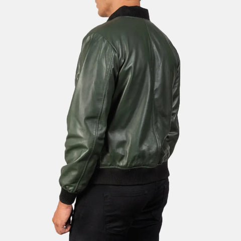 Shane — Green Genuine Leather Bomber Jacket, Quilted Lining, Vintage Pilot Style
