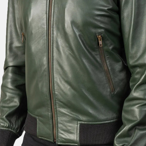 Shane — Green Genuine Leather Bomber Jacket, Quilted Lining, Vintage Pilot Style