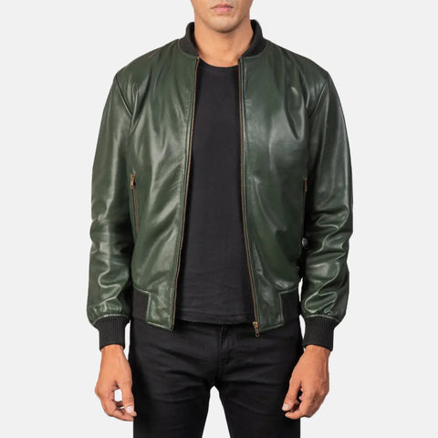 Shane — Green Genuine Leather Bomber Jacket, Quilted Lining, Vintage Pilot Style