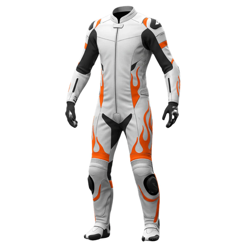 White Orange One-Piece Motorcycle Leather Racing Suit