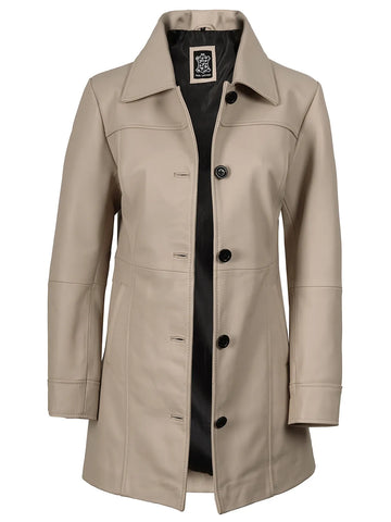 Kandis Women's Beige Real Leather Car Coat - Neutral 3/4 Rider Sophisticate