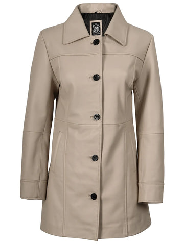 Kandis Women's Beige Real Leather Car Coat - Neutral 3/4 Rider Sophisticate