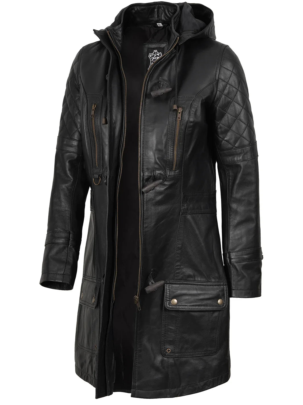 Women's Black Real Leather 3/4 Length Hooded Motorcycle Coat - Versatile Rider Essential
