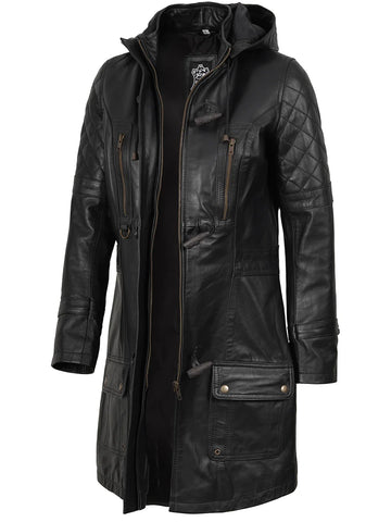 Women's Black Real Leather 3/4 Length Hooded Motorcycle Coat - Versatile Rider Essential