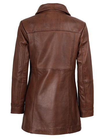 Kandis Women's Cognac Brown Leather Car Coat - Classic 3/4 Rider Elegance