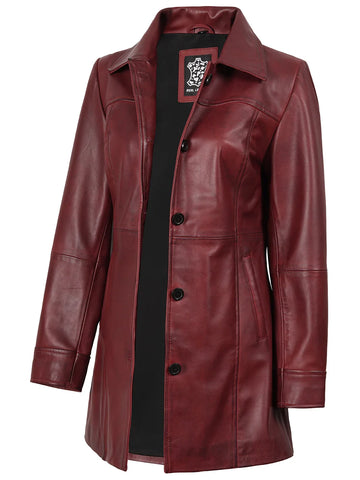 Kandis Women's Burgundy Real Leather Car Coat - Rich Wine 3/4 Rider Elegance