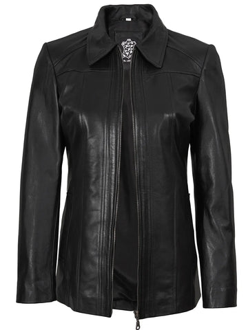 Marsha Women's Shirt Collar Black Leather Car Coat - Chic 3/4 Moto Essential