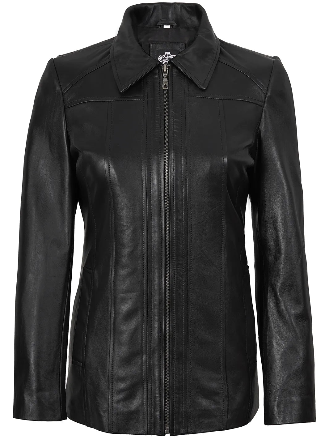 Marsha Women's Shirt Collar Black Leather Car Coat - Chic 3/4 Moto Essential