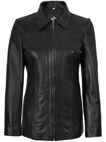 Marsha Women's Shirt Collar Black Leather Car Coat - Chic 3/4 Moto Essential
