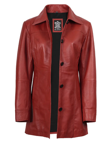Kandis Women's Red Real Leather Car Coat - Bold 3/4 Statement Rider