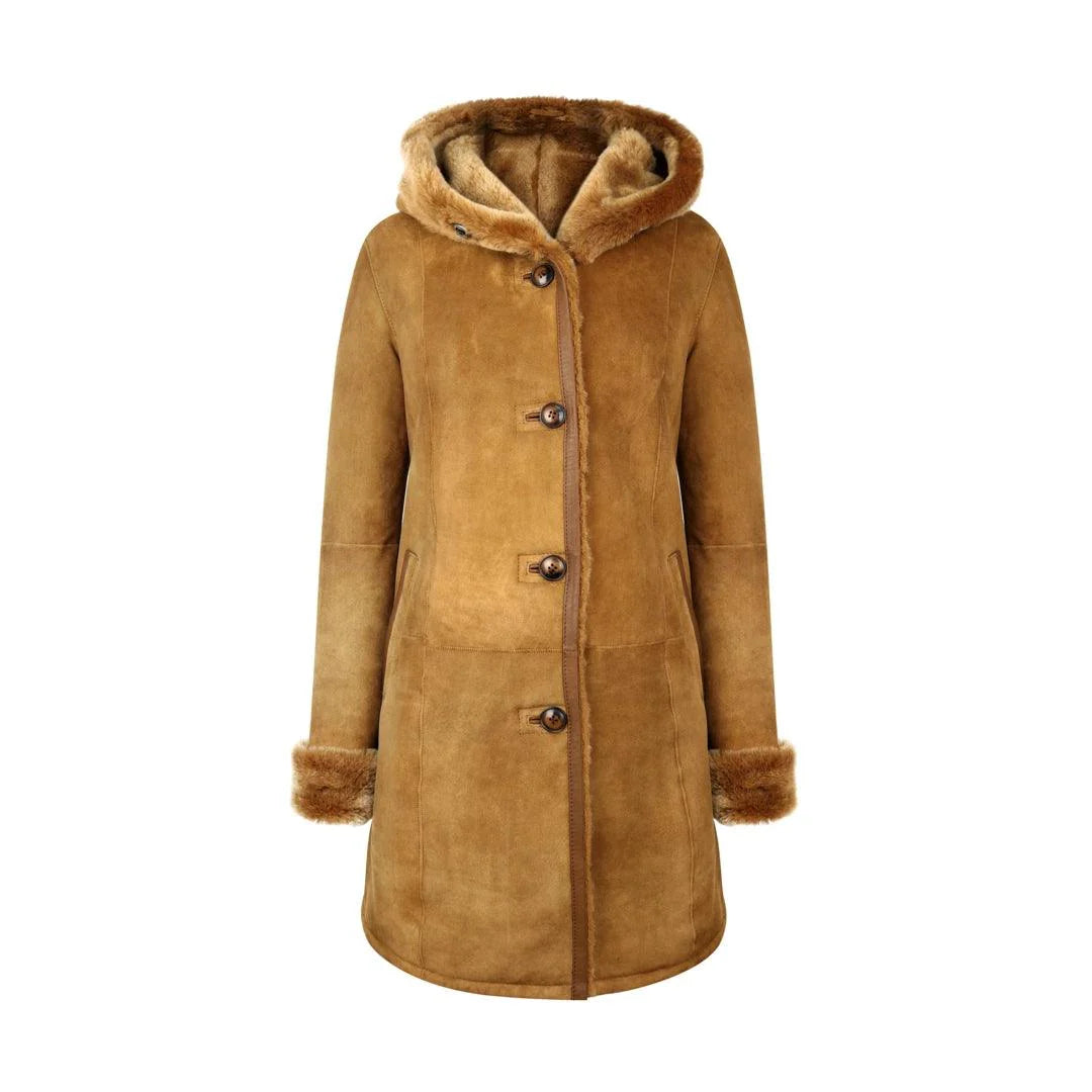 Women’s Real Sheepskin 3/4 Long Hooded Coat – Camel Tan Merino Fur Jacket
