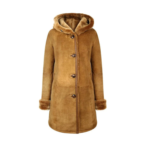 Women’s Real Sheepskin 3/4 Long Hooded Coat – Camel Tan Merino Fur Jacket