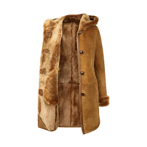 Women’s Real Sheepskin 3/4 Long Hooded Coat – Camel Tan Merino Fur Jacket
