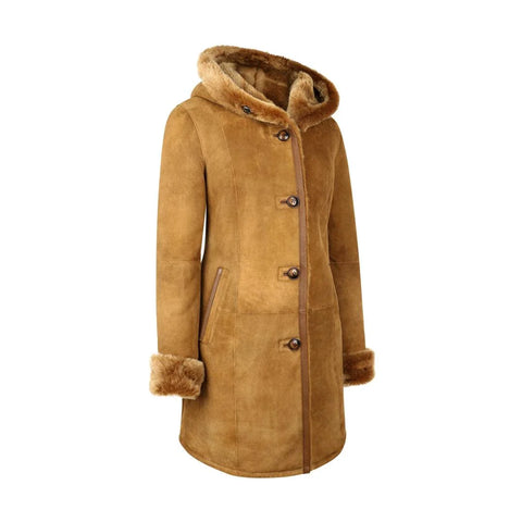 Women’s Real Sheepskin 3/4 Long Hooded Coat – Camel Tan Merino Fur Jacket