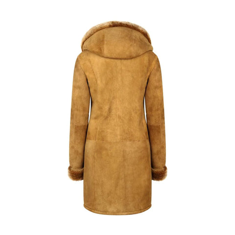 Women’s Real Sheepskin 3/4 Long Hooded Coat – Camel Tan Merino Fur Jacket