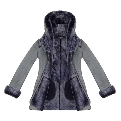 Women’s Grey Toscana Sheepskin Long Suede Coat – Zipped Hood Tailored Fit Jacket