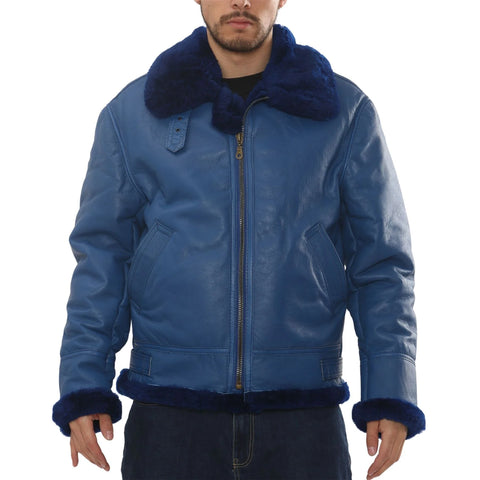 Men’s Blue Shearling B3 Aviator Jacket - Real Sheepskin Leather Bomber Winter Coat
