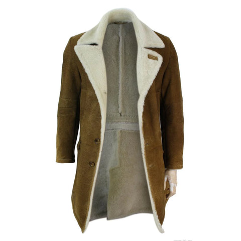 Men’s Tan Brown Sheepskin Crombie Overcoat - 3/4 Length Vintage Retro Winter Coat