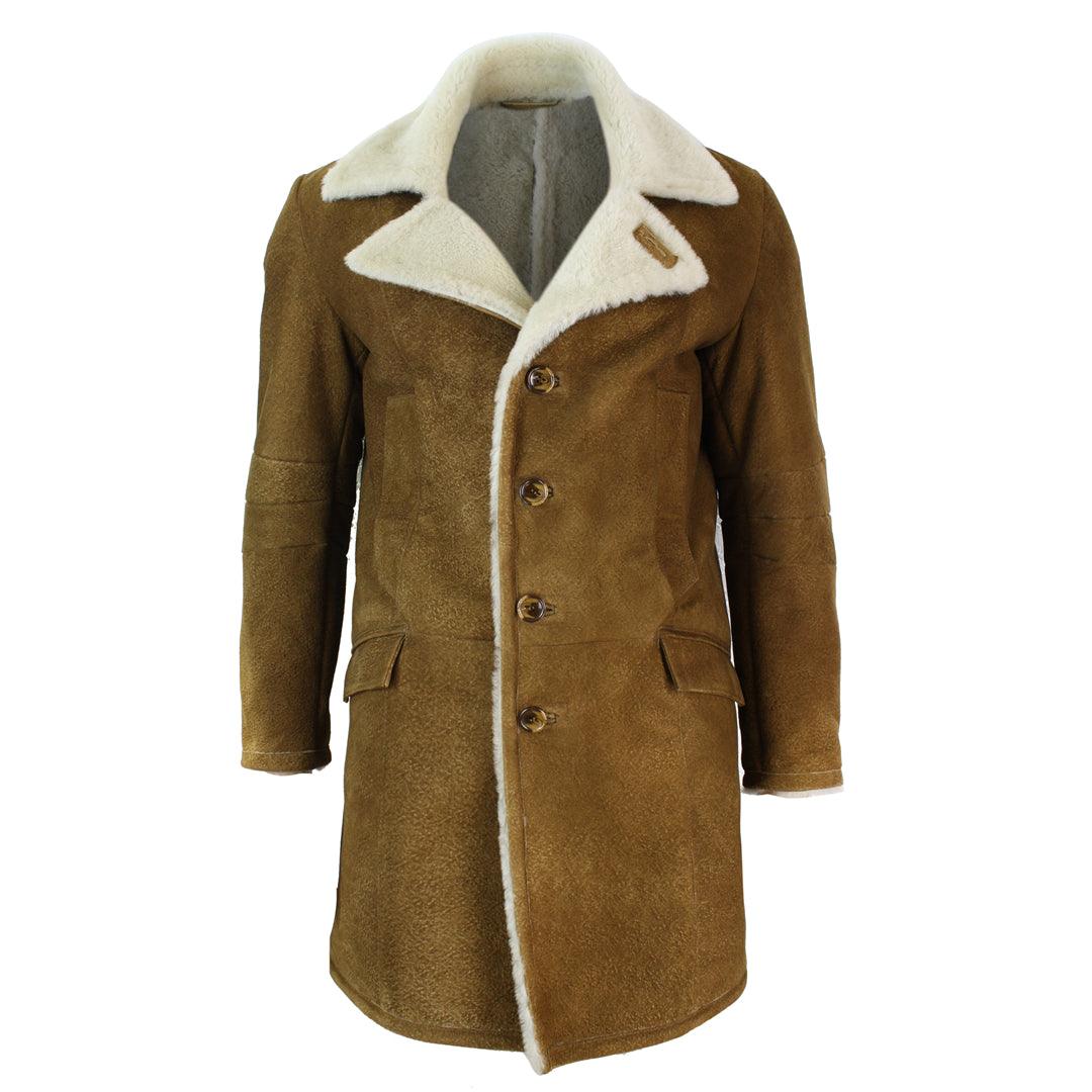 Men’s Tan Brown Sheepskin Crombie Overcoat - 3/4 Length Vintage Retro Winter Coat