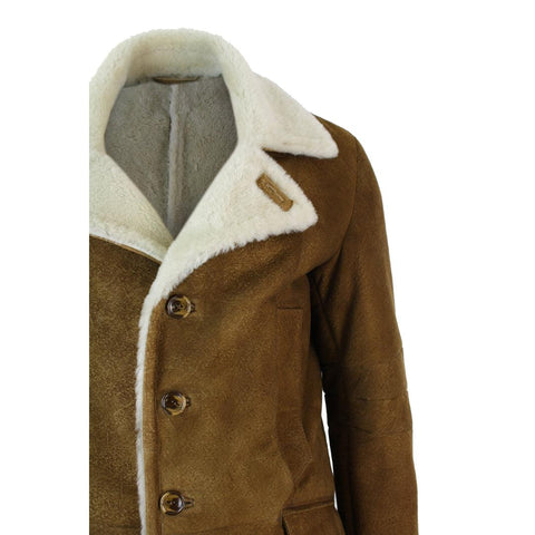 Men’s Tan Brown Sheepskin Crombie Overcoat - 3/4 Length Vintage Retro Winter Coat