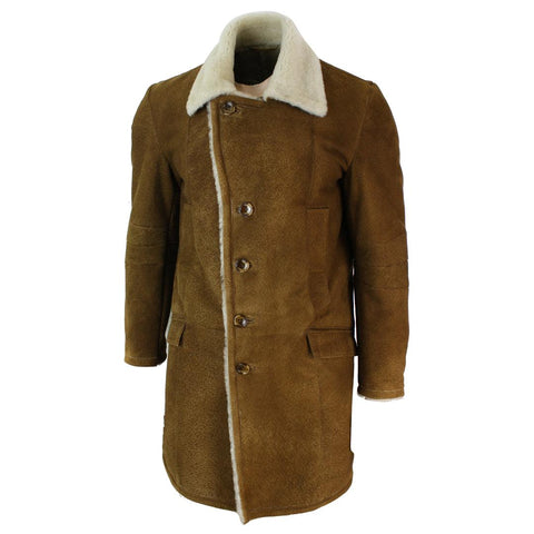 Men’s Tan Brown Sheepskin Crombie Overcoat - 3/4 Length Vintage Retro Winter Coat