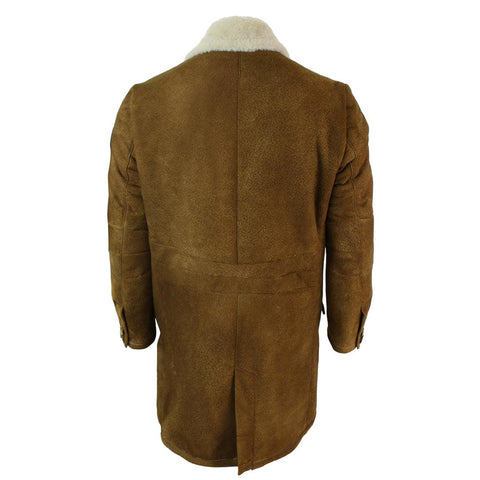 Men’s Tan Brown Sheepskin Crombie Overcoat - 3/4 Length Vintage Retro Winter Coat
