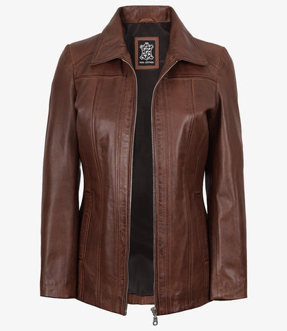 Marsha Women's Real Leather Cognac Brown Car Coat - Luxe 3/4 Rider Chic