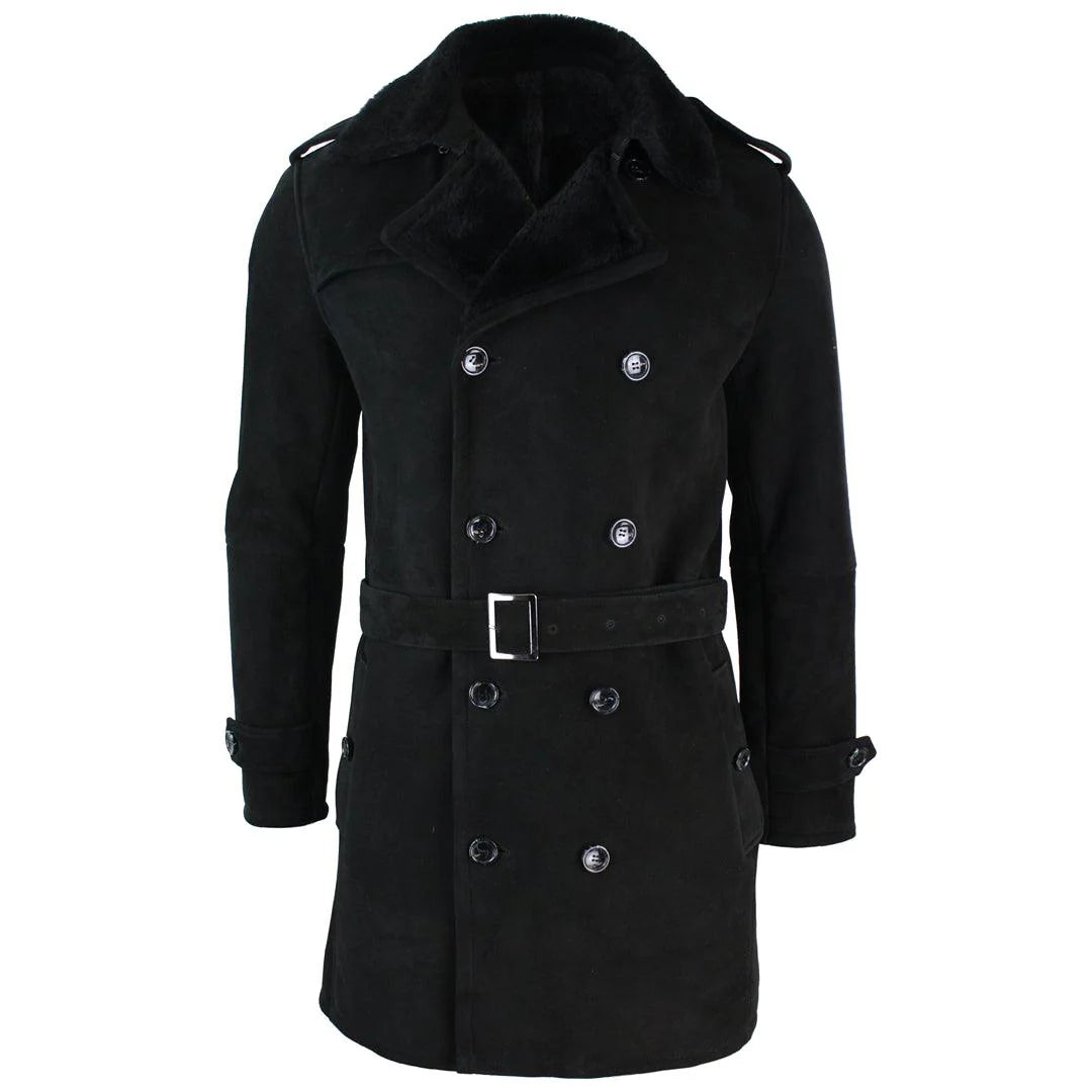 Men’s Black Sheepskin Double-Breasted Crombie - 3/4 Length Belted Shearling Overcoat