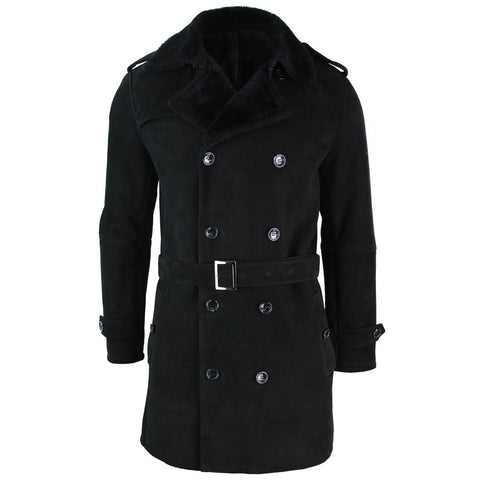 Men’s Black Sheepskin Double-Breasted Crombie - 3/4 Length Belted Shearling Overcoat
