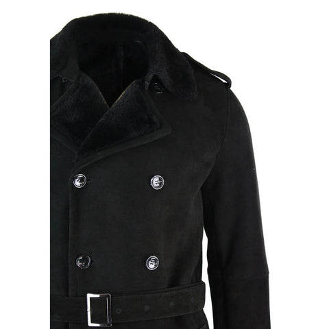Men’s Black Sheepskin Double-Breasted Crombie - 3/4 Length Belted Shearling Overcoat