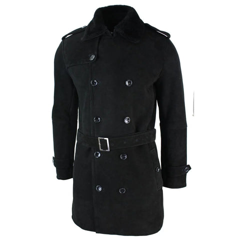 Men’s Black Sheepskin Double-Breasted Crombie - 3/4 Length Belted Shearling Overcoat
