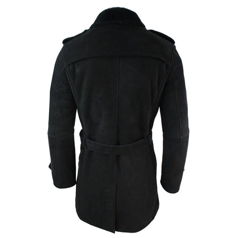 Men’s Black Sheepskin Double-Breasted Crombie - 3/4 Length Belted Shearling Overcoat