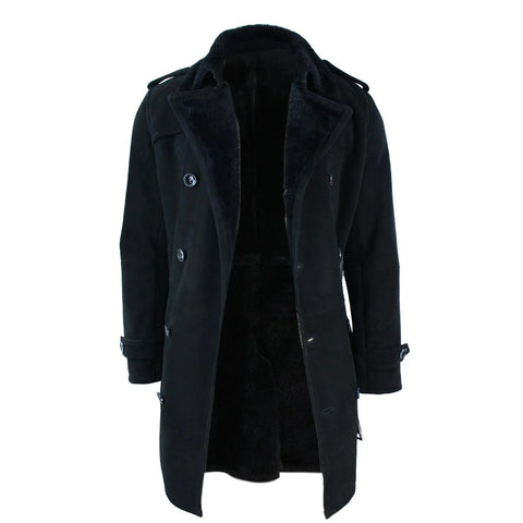Men’s Black Sheepskin Double-Breasted Crombie - 3/4 Length Belted Shearling Overcoat