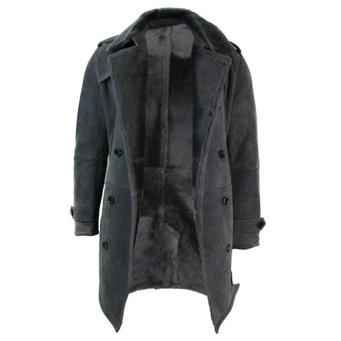 Men’s Grey Sheepskin Double-Breasted Crombie – 3/4 Length Belted Shearling Overcoat