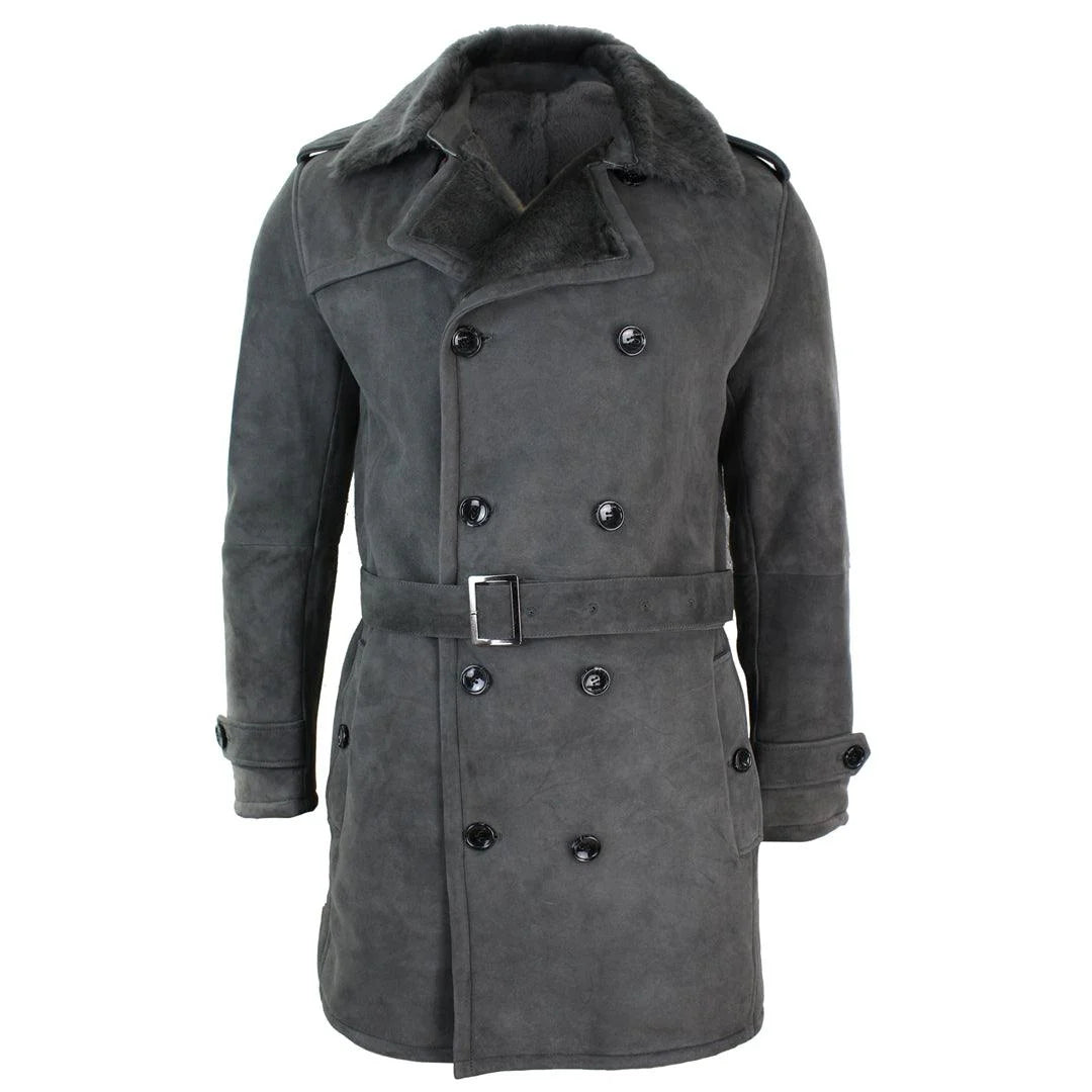 Men’s Grey Sheepskin Double-Breasted Crombie – 3/4 Length Belted Shearling Overcoat