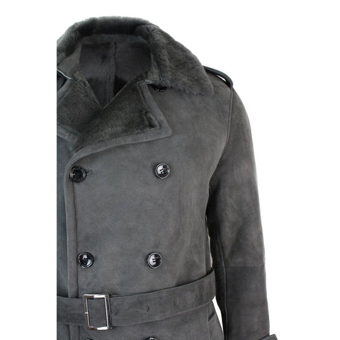 Men’s Grey Sheepskin Double-Breasted Crombie – 3/4 Length Belted Shearling Overcoat