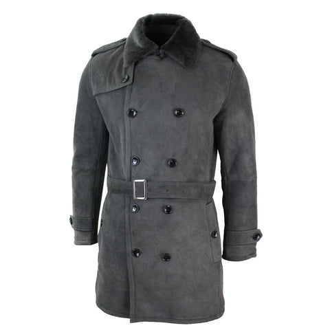 Men’s Grey Sheepskin Double-Breasted Crombie – 3/4 Length Belted Shearling Overcoat