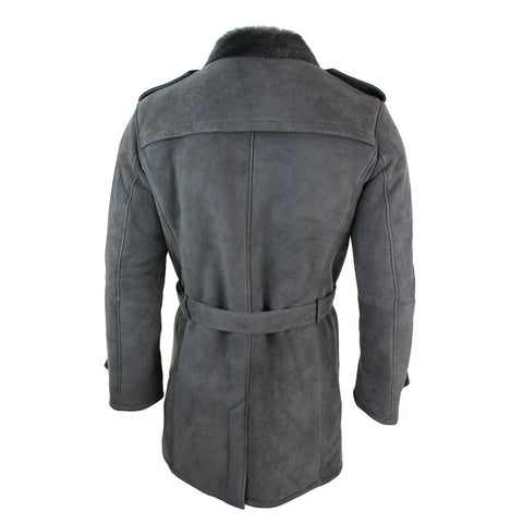 Men’s Grey Sheepskin Double-Breasted Crombie – 3/4 Length Belted Shearling Overcoat