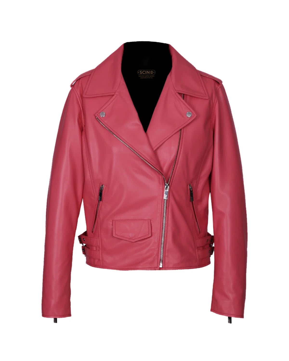 Women’s Carol Biker Leather Jacket – Shocking Pink Tapered-Fit Moto Jacket