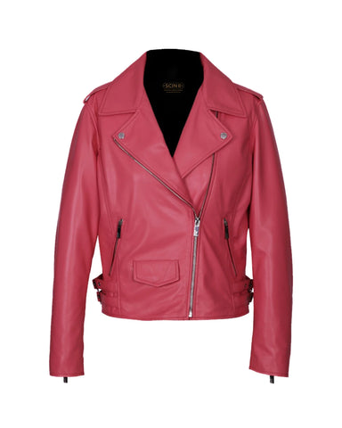 Women’s Carol Biker Leather Jacket – Shocking Pink Tapered-Fit Moto Jacket