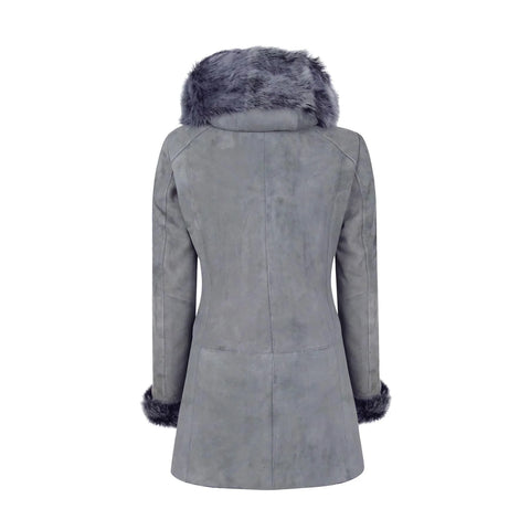 Women’s Grey Toscana Sheepskin Long Suede Coat – Zipped Hood Tailored Fit Jacket