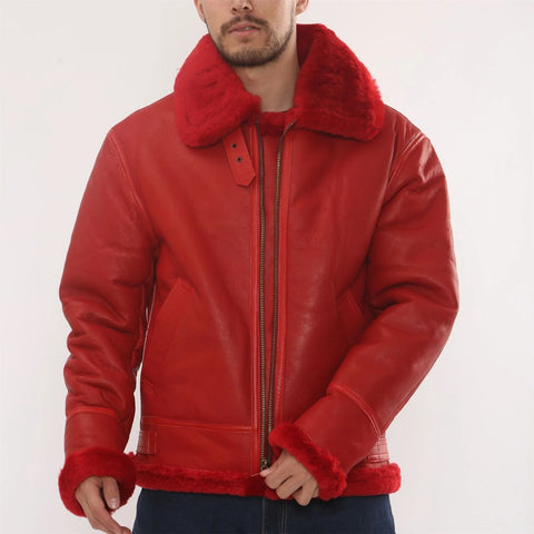 Men’s Red Shearling B3 Bomber Jacket - Real Sheepskin Leather Aviator Winter Coat